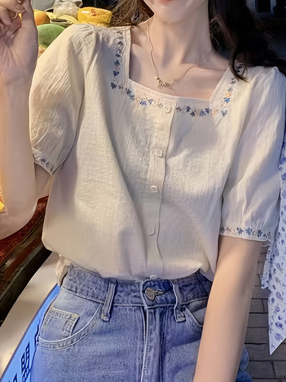 Damen Bluse elegant mit Stickerei und Quadratkragen – Sommer Freizeit Oberteil