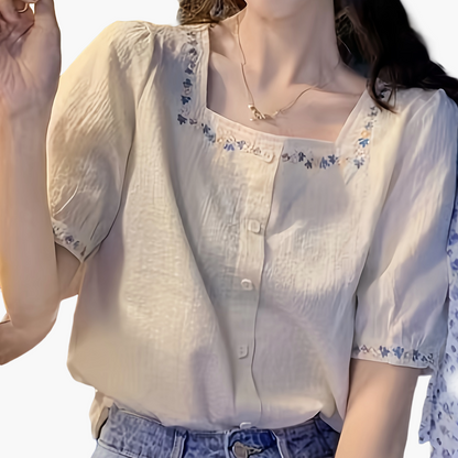 Damen Bluse elegant mit Stickerei und Quadratkragen – Sommer Freizeit Oberteil