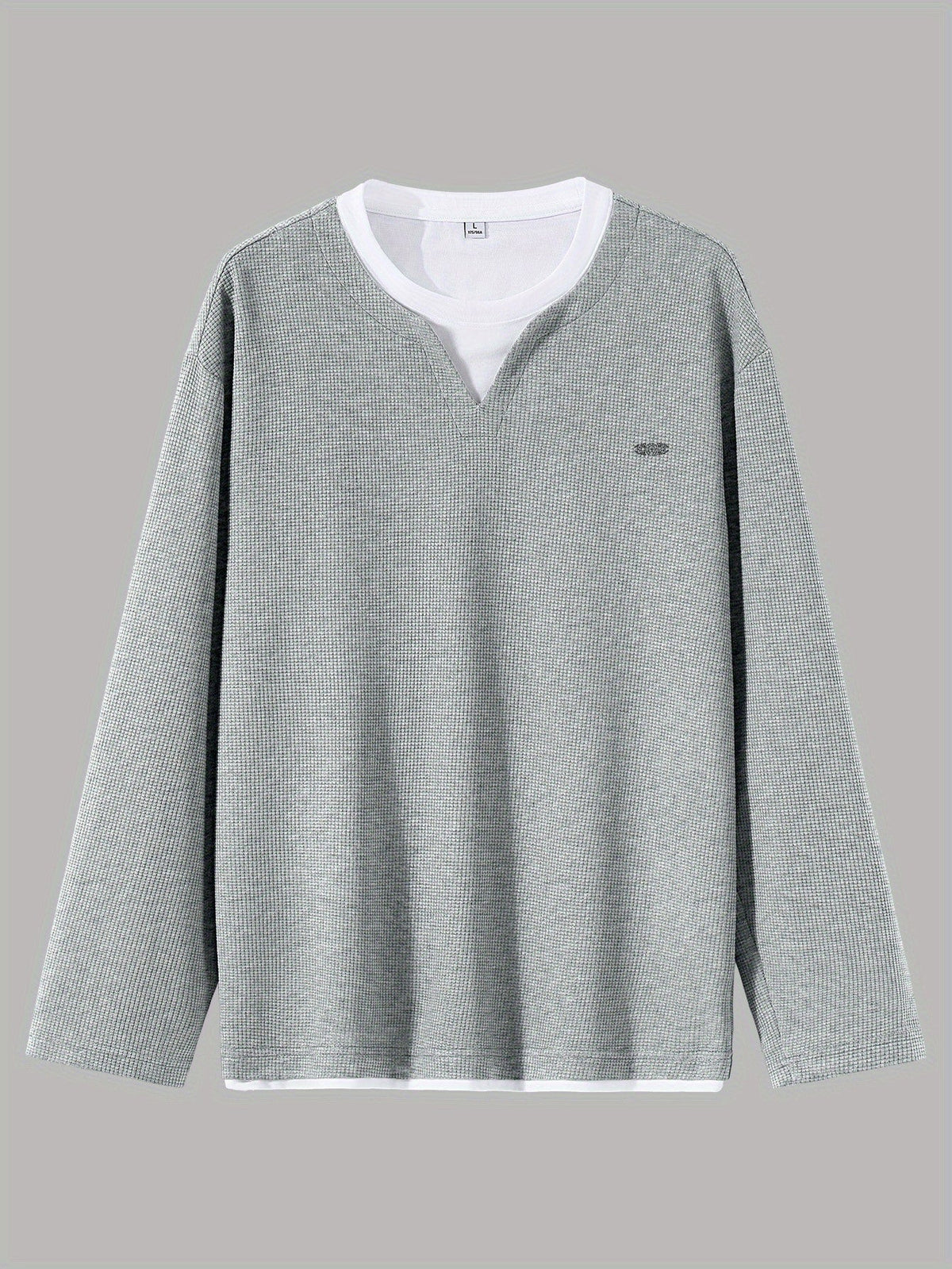 Herren Langarmshirt Waffelstrick Optik V-Ausschnitt Grau/Schwarz