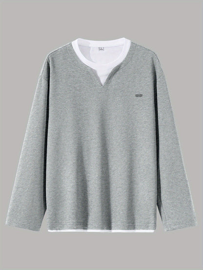 Herren Langarmshirt Waffelstrick Optik V-Ausschnitt Grau/Schwarz