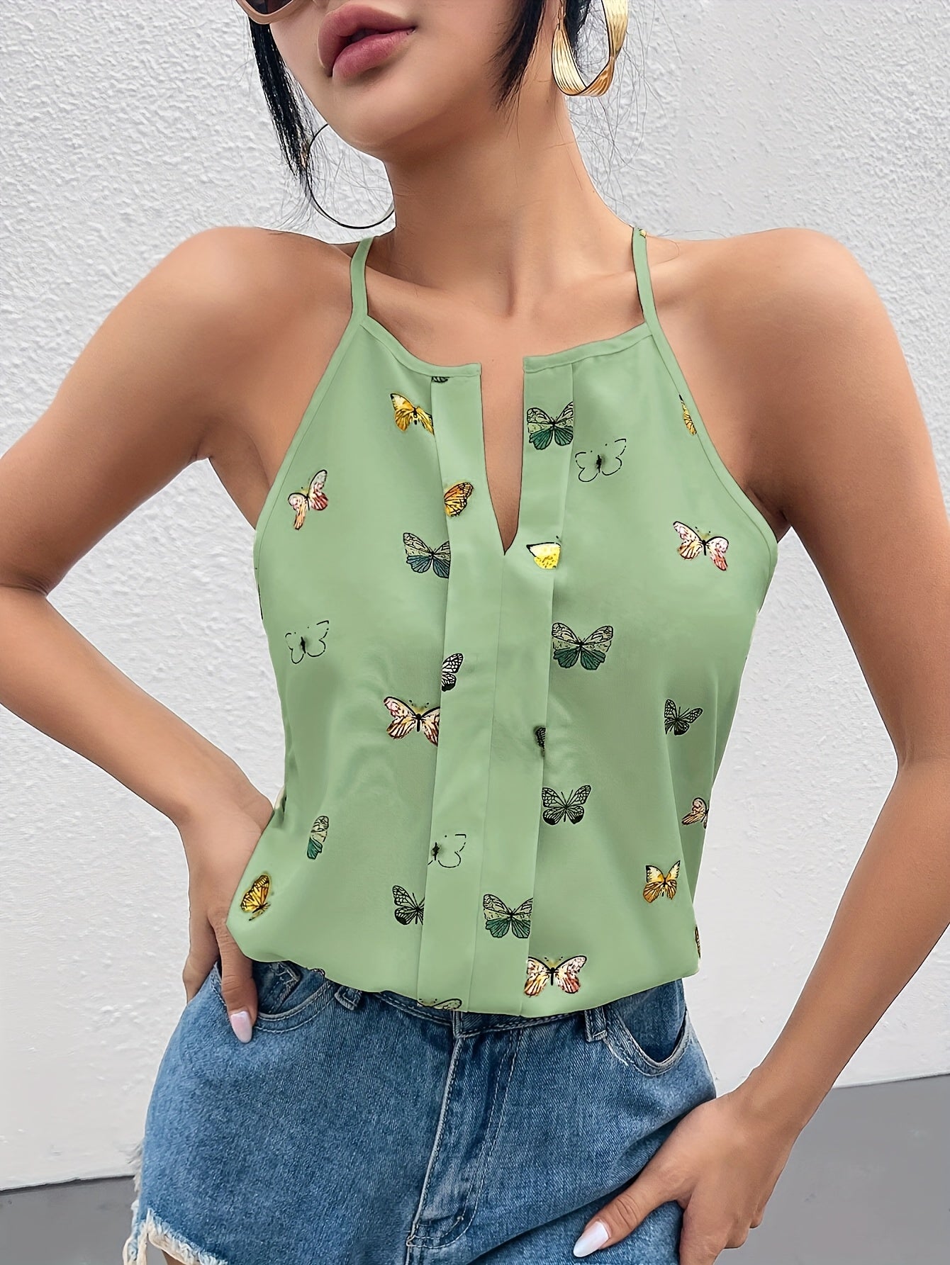 Damen Elegantes Sommertop mit Schmetterlingsprint und Spaghettiträgern – Lässig & Modisch