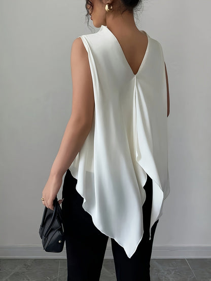 Damen Elegante Ärmellose Bluse mit Stehkragen und Falten-Design – Perfekt für Büro und festliche Anlässe