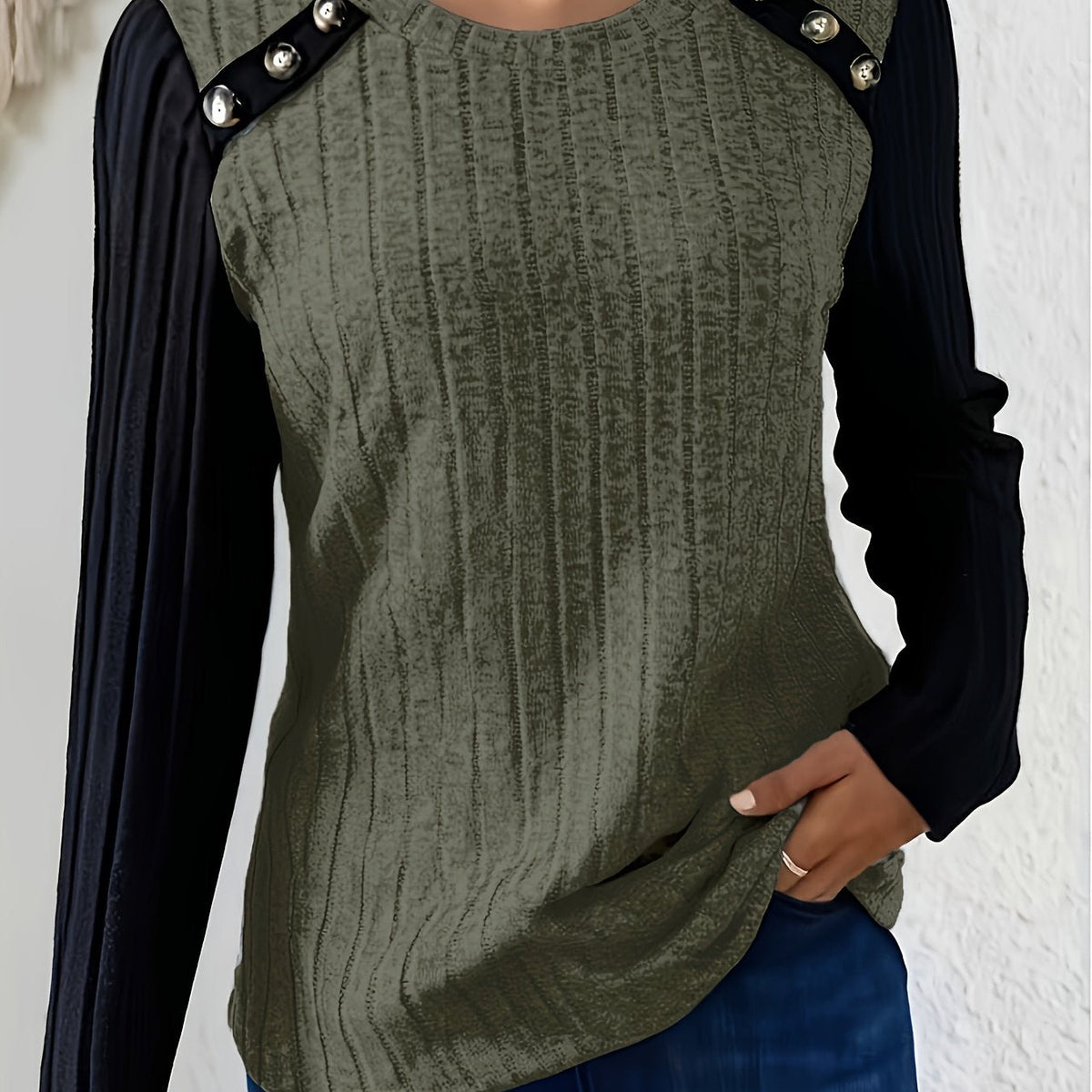 Damen Langarmshirt Gerippt Kontrastärmel Knopfdetails Rundhals