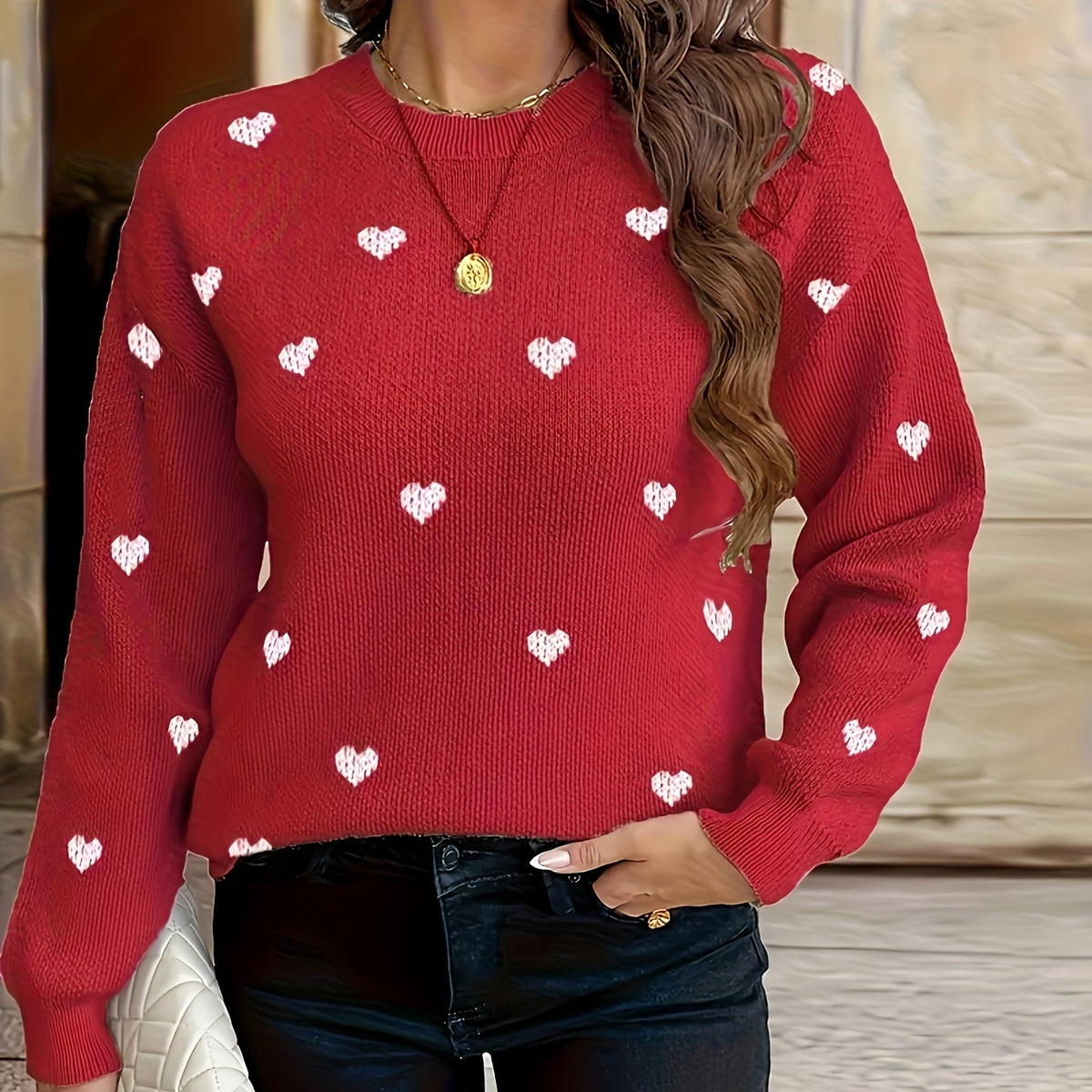 Damen Pullover Beige mit schwarzen Herz-Applikationen