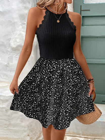 Damen Sommerkleid Elegant mit Häkelspitze und Blumenmuster, Freizeitkleid für Alltag & Urlaub