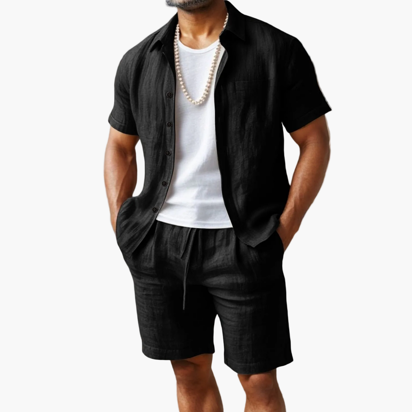 Herren Leinen-Look Strand Outfit Set – Kurzarm Hemd & Shorts, Lässig Sommer Boho