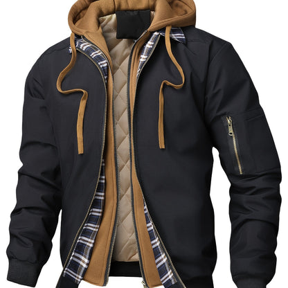 Herren Bomberjacke mit Kapuze Kariertes Futter Reißverschlusstasche Arm Beige