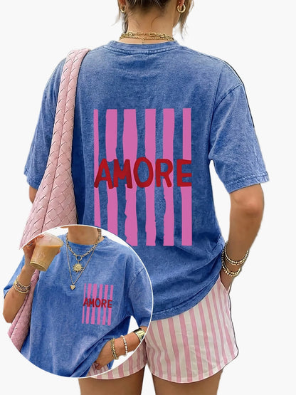 Damen Oversize Casual T-Shirt mit Print und Streifenshorts – Sommer Streetstyle Freizeitoutfit