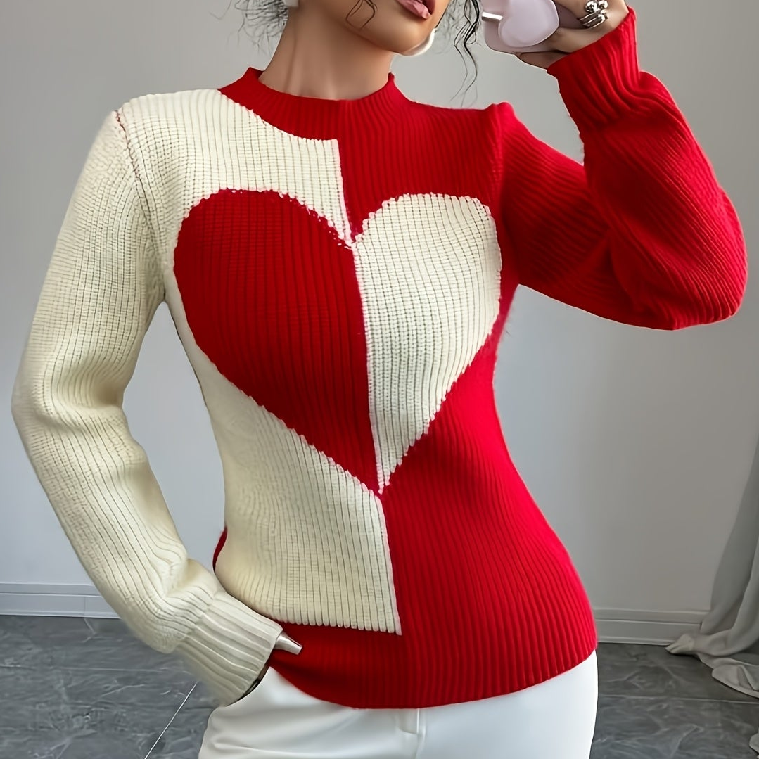 Damen Strickpullover Herz-Muster Rundhals Rippstrick Langarm