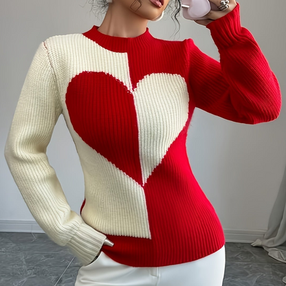 Damen Strickpullover Herz-Muster Rundhals Rippstrick Langarm