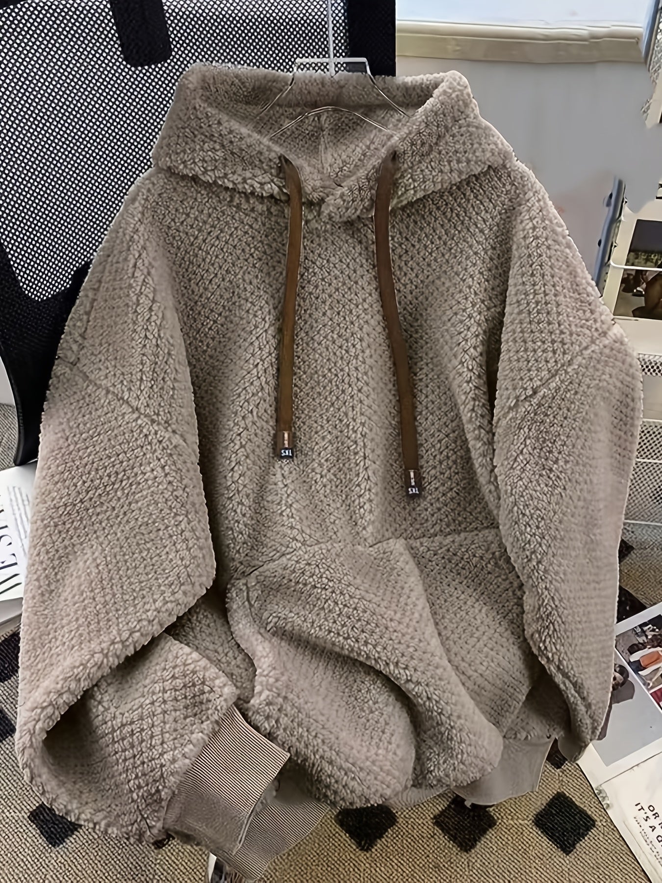 Teddy-Fleece Hoodie für Damen mit Kapuze und Kängurutasche, Kuscheliger Oversize Pullover