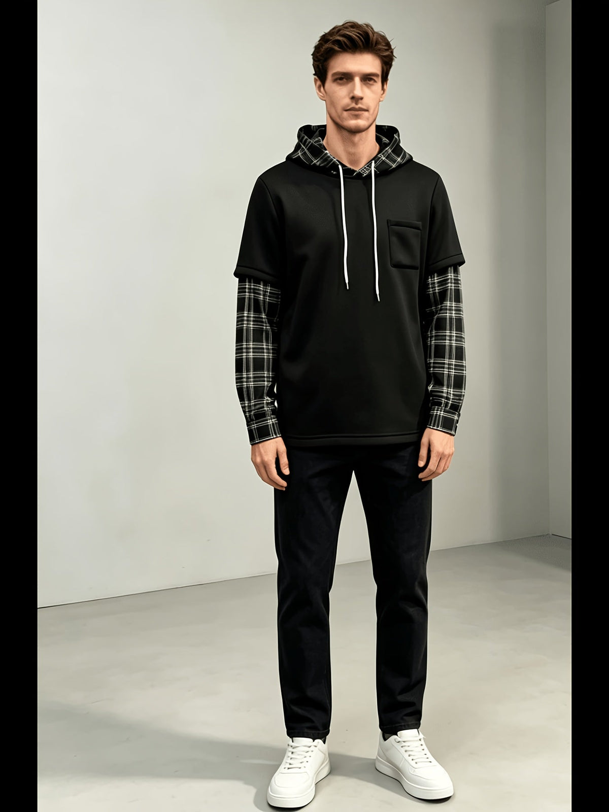 Hoodie Braun/Schwarz Kariert mit Kapuze und Brusttasche
