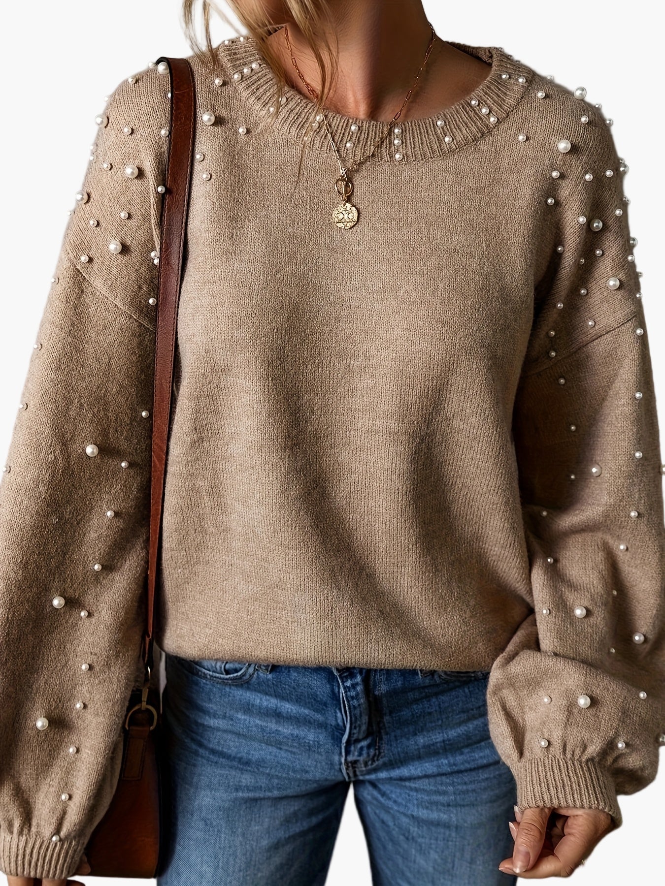 Damen Pullover Elegant Strickpullover mit Perlenbesatz und Rundhalsausschnitt – Modischer Freizeit-Look
