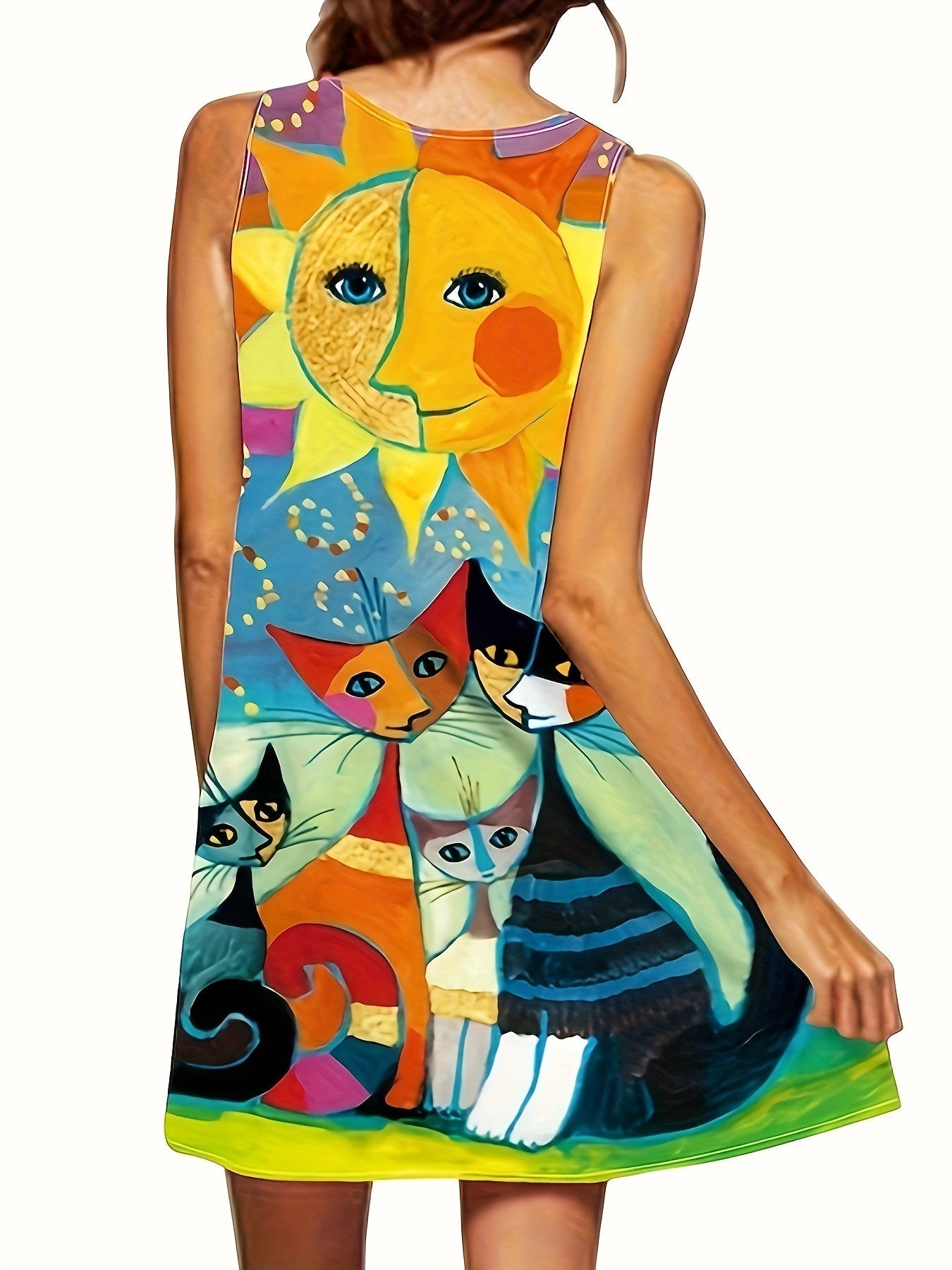 Damen Kleid mit Katzenmotiv und Sonne, ärmellos, Vintage Stil, Freizeitkleid