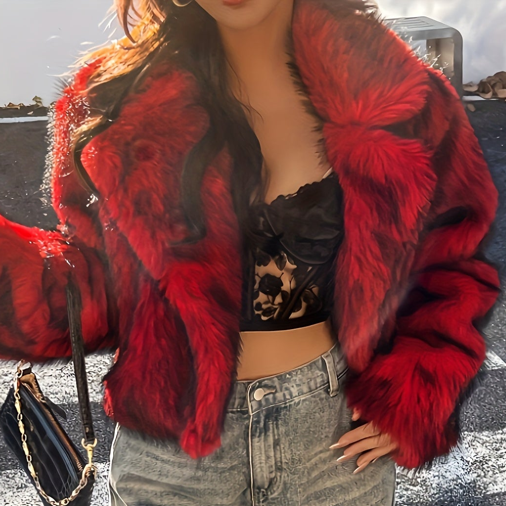 Kurze Damen Kunstfelljacke Rot Schwarz Gestreift mit Reverskragen