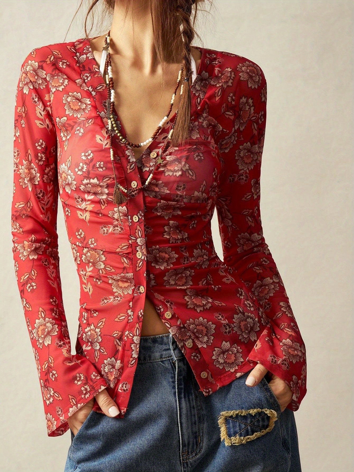 Damen Blusenhemd mit Blumenmuster und Knopfleiste – Femininer Freizeit-Look