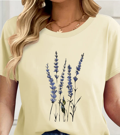 Damen T-Shirt mit Lavendel-Blumenprint – Künstlerisches Freizeitshirt für Alltag und besondere Anlässe