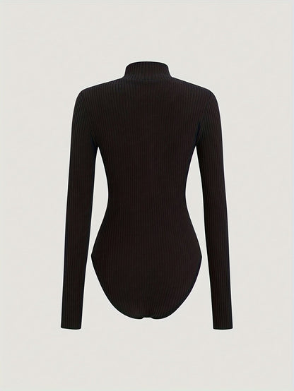 Damen Langarm Body Rippstrick Stehkragen Reißverschluss Bodysuit