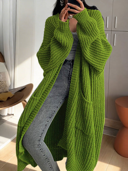 Damen Oversize Strick-Cardigan Lang Offene Front mit Taschen – Lässiger Streetstyle