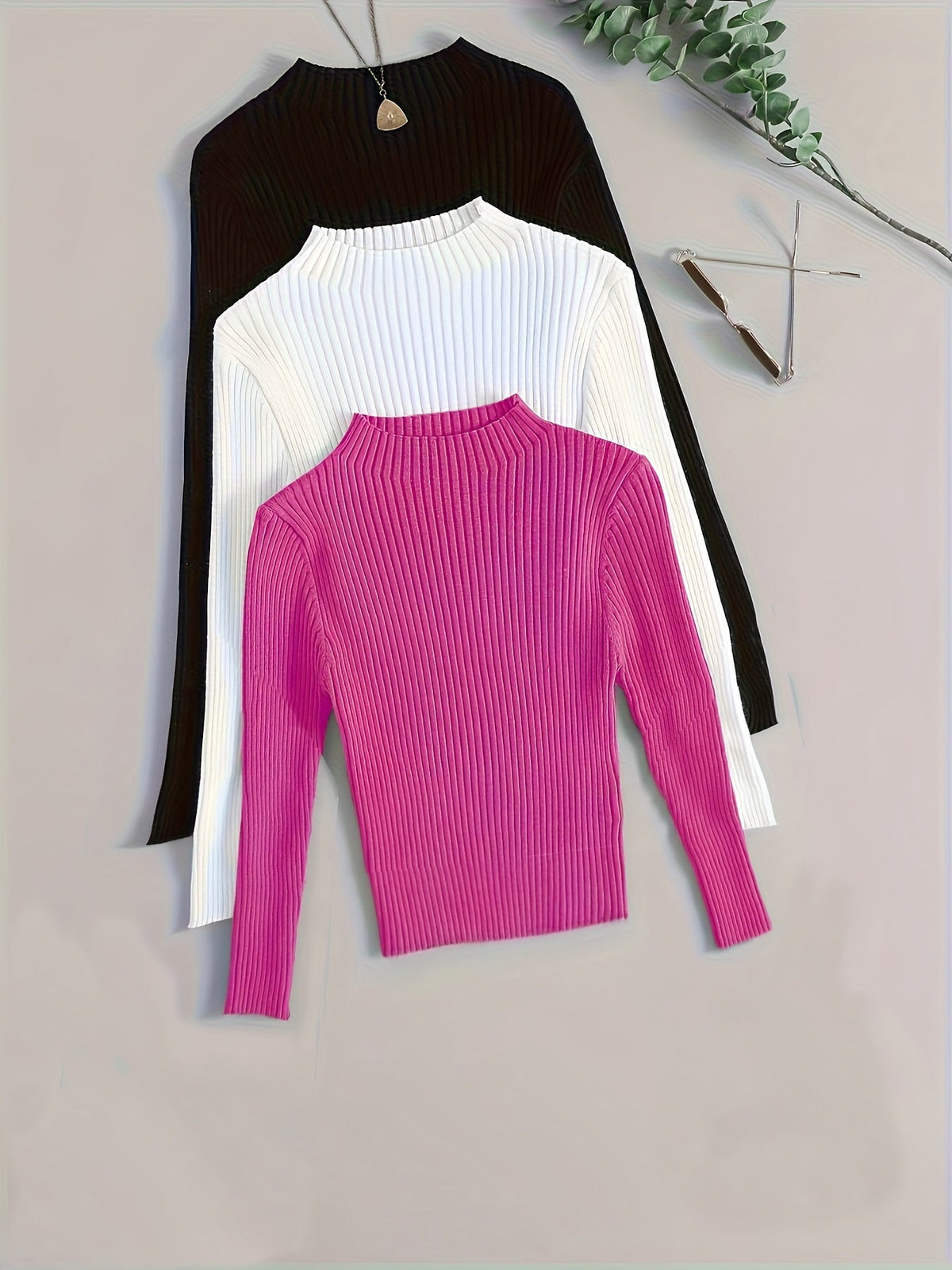 Damen Geripptes Langarm-Top mit Stehkragen, Stretch-Rippstrick-Pullover in verschiedenen Farben