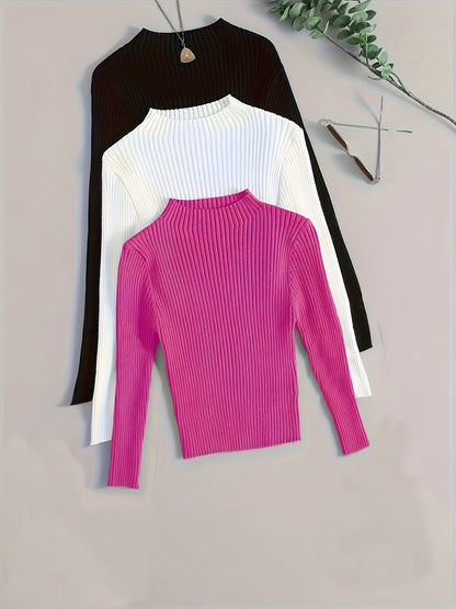 Damen Geripptes Langarm-Top mit Stehkragen, Stretch-Rippstrick-Pullover in verschiedenen Farben