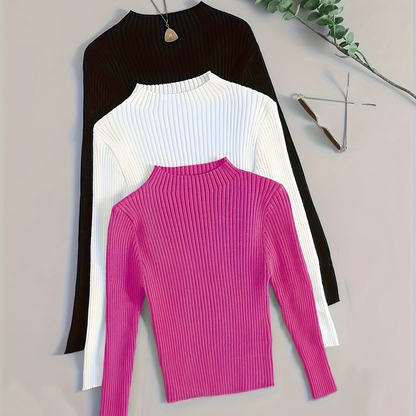 Damen Geripptes Langarm-Top mit Stehkragen, Stretch-Rippstrick-Pullover in verschiedenen Farben