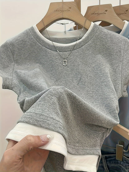 Damen Modernes Kurzarm-Shirt mit Layering-Effekt und Rundhalsausschnitt – Casual Streetstyle