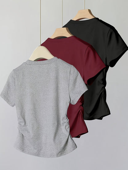 Damen T-Shirt mit Schleifenstickerei und Raffungen – Modisches Kurzarmshirt für Freizeit und Alltag