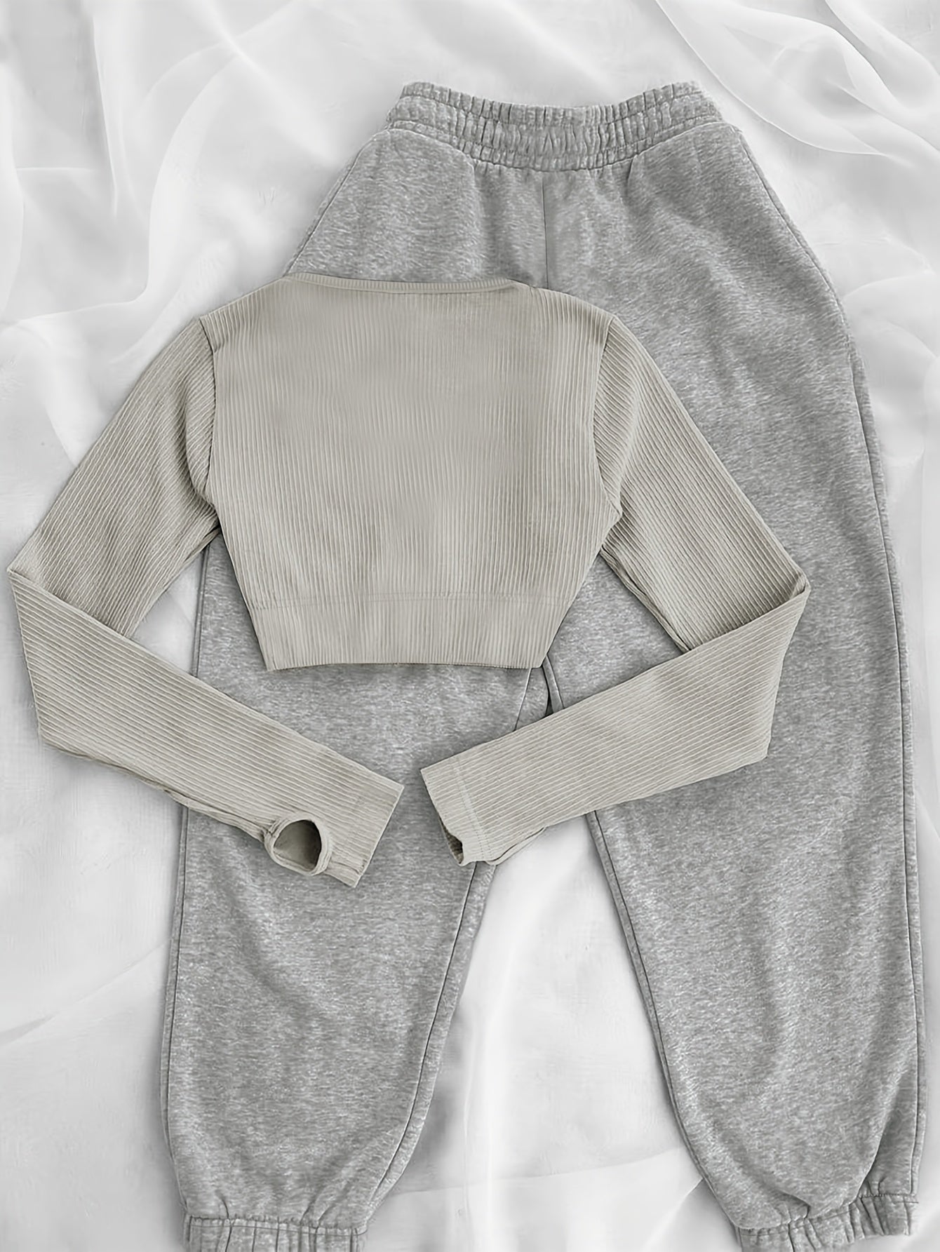 Damen Sport-Set: Geripptes Crop Top & Jogginghose mit Kordelzug - Grau