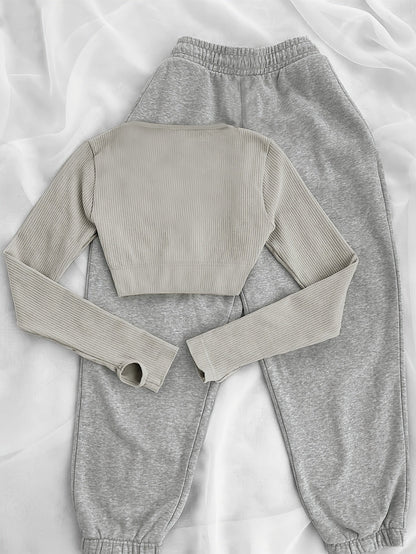 Damen Sport-Set: Geripptes Crop Top & Jogginghose mit Kordelzug - Grau