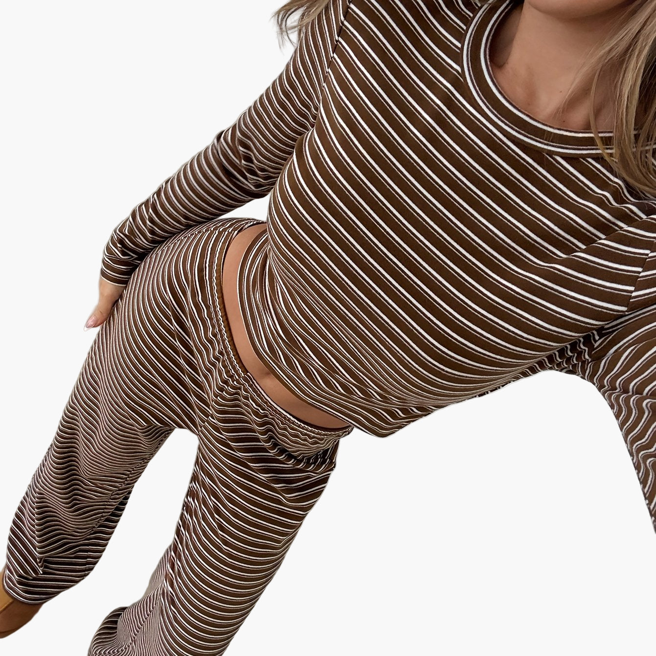 Damen Freizeit Zweiteiler Set – Gestreiftes Langarmshirt und Hose, Bequem & Modisch für Alltag und Lounge