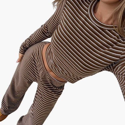 Damen Freizeit Zweiteiler Set – Gestreiftes Langarmshirt und Hose, Bequem & Modisch für Alltag und Lounge