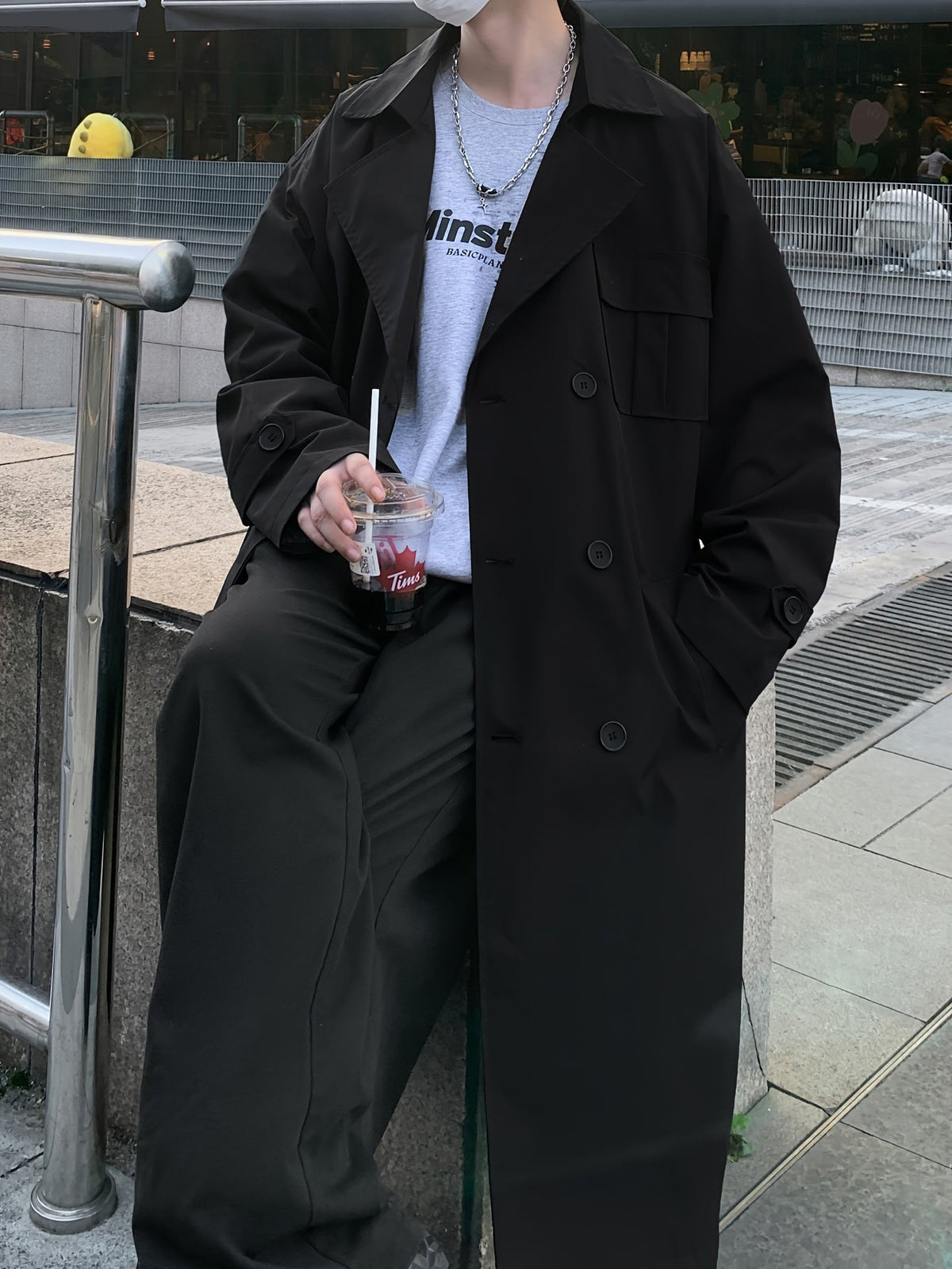Unisex Trenchcoat Lang Zweireihig mit Gürtel in Beige oder Schwarz