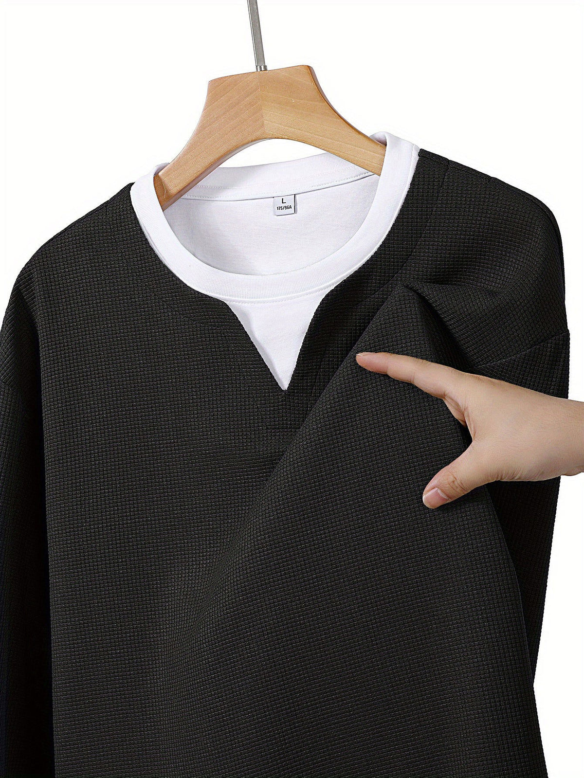 Herren Langarmshirt Waffelstrick Optik V-Ausschnitt Grau/Schwarz