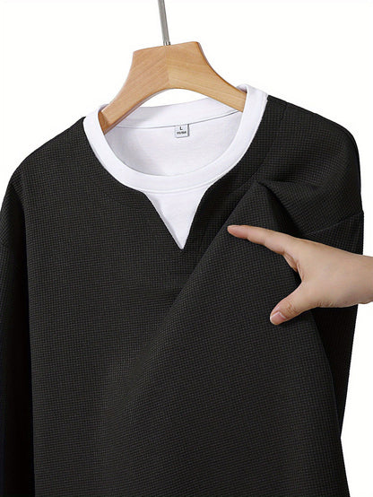 Herren Langarmshirt Waffelstrick Optik V-Ausschnitt Grau/Schwarz