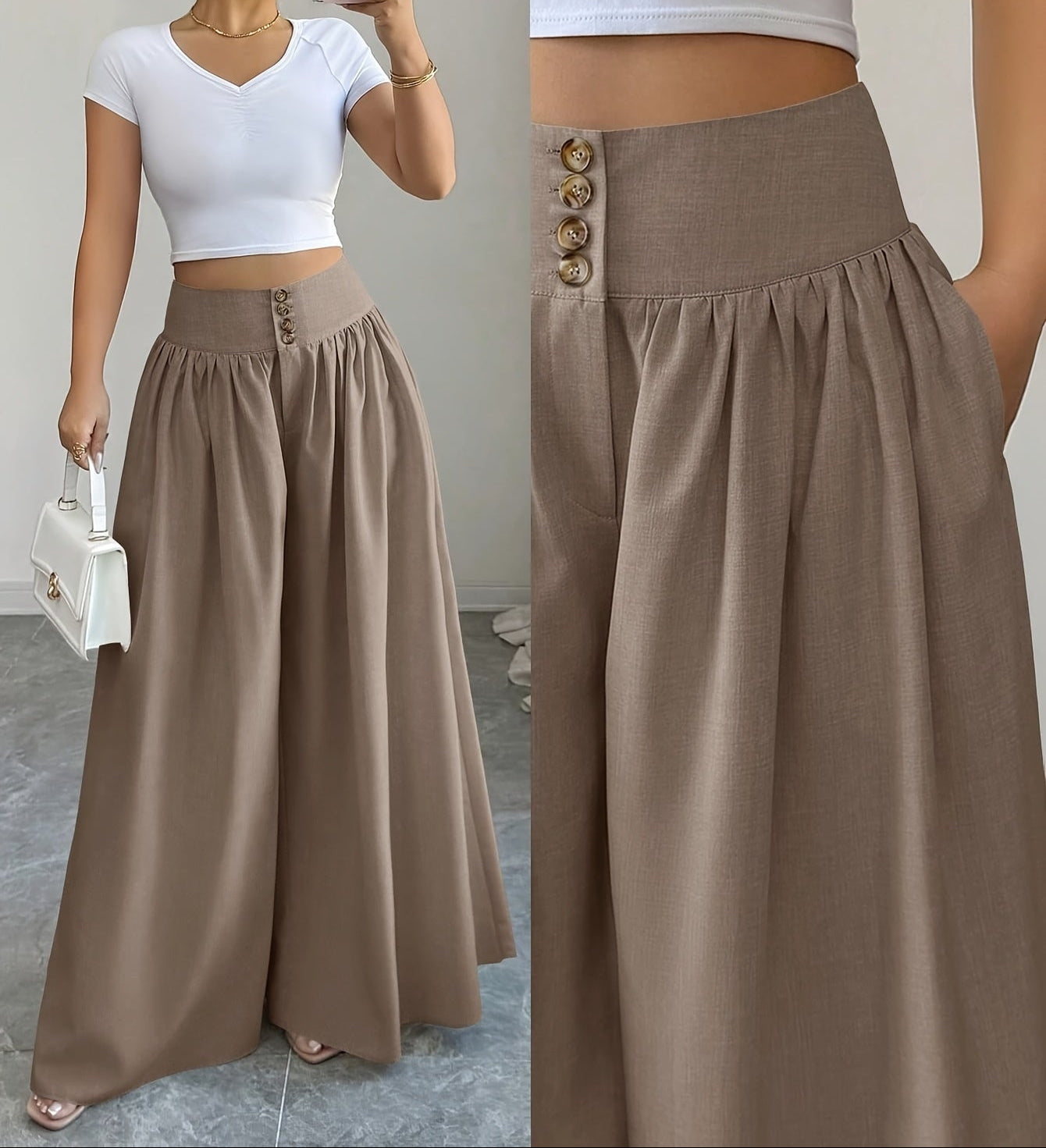Damen Weite High Waist Palazzo Hose mit Knopfleiste – Eleganter Alltags- & Ausgeh-Look