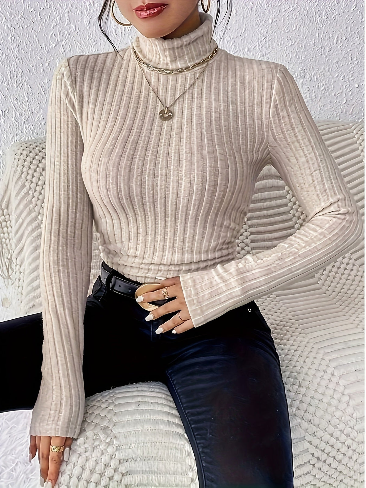 Damen Geripptes Langarm-Shirt mit Rollkragen, Schwarz