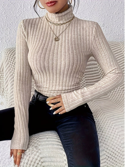 Damen Geripptes Langarm-Shirt mit Rollkragen, Schwarz