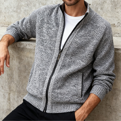 Herren Strickjacke mit Reißverschluss Stehkragen und Taschen meliert