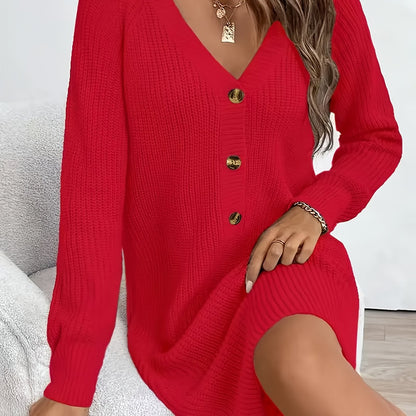 Damen Strickkleid V-Ausschnitt Langarm Strickpulloverkleid mit Knopfleiste