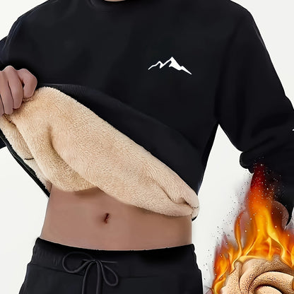 Herren Plüschfutter Sweatshirt mit Berg-Motiv, Rundhals Langarm-Pullover
