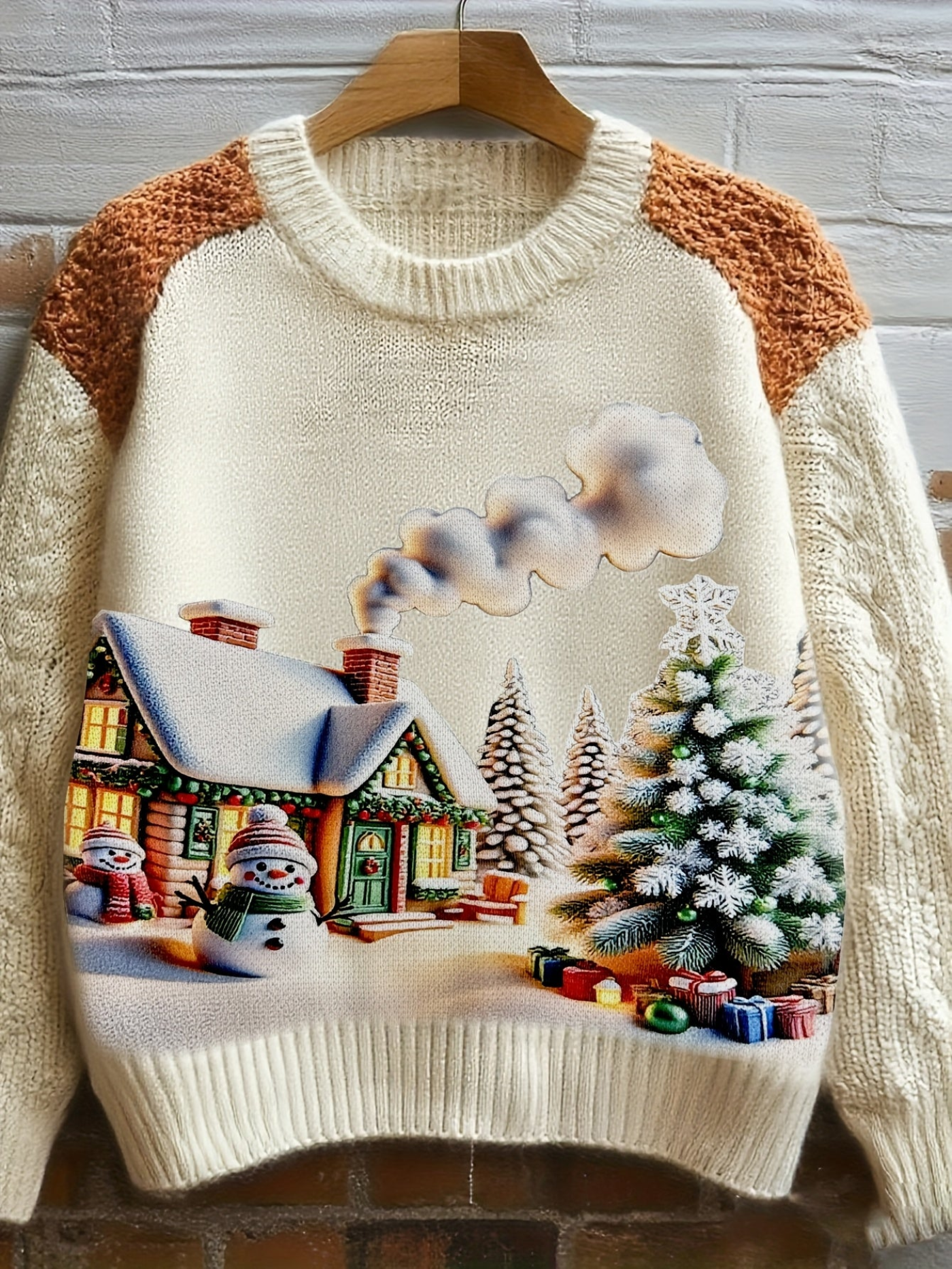 Damen Pullover Beige mit Katzenmotiv und Blumen – Rundhals Strickpullover