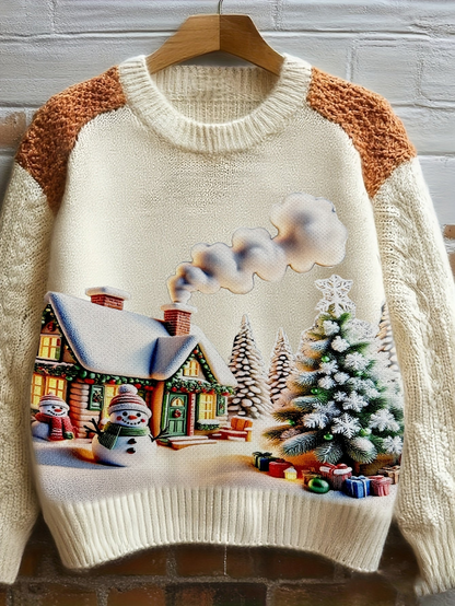 Damen Pullover Beige mit Katzenmotiv und Blumen – Rundhals Strickpullover