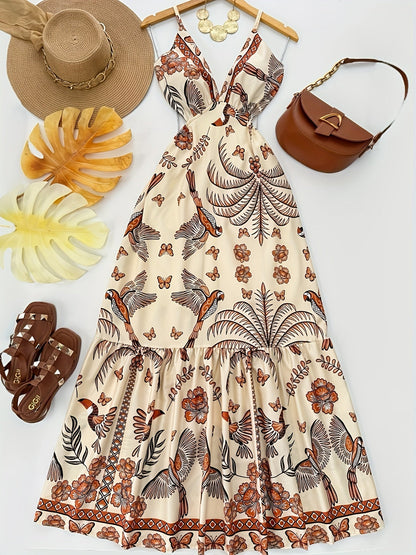 Damen Maxikleid mit Boho-Print und V-Ausschnitt – Für Urlaub und Sommerfeste