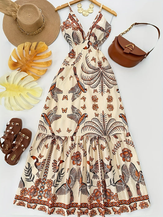 Damen Maxikleid mit Boho-Print und V-Ausschnitt – Für Urlaub und Sommerfeste