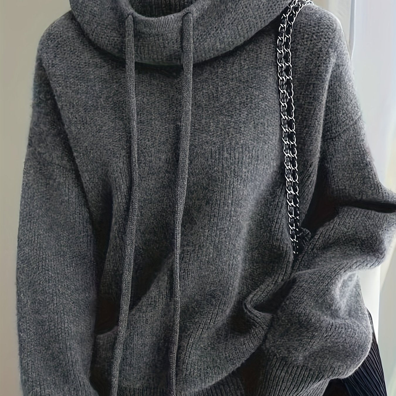 Damen Strick Hoodie Pullover Oversize mit Kapuze und Kordelzug