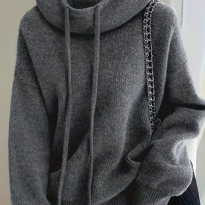 Damen Strick Hoodie Pullover Oversize mit Kapuze und Kordelzug
