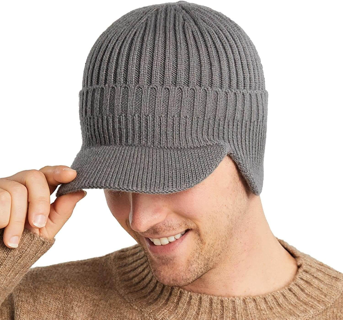 Strickmütze mit Schirm und Ohrenklappen Herren Wintermütze gerippt