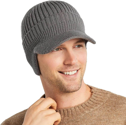 Strickmütze mit Schirm und Ohrenklappen Herren Wintermütze gerippt