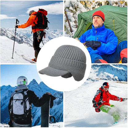 Strickmütze mit Schirm und Ohrenklappen Herren Wintermütze gerippt